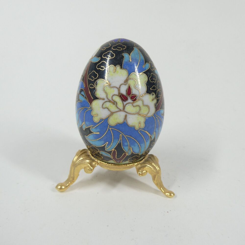 Cloisonne Enamel Egg Vintage Blue Floral w/Stand